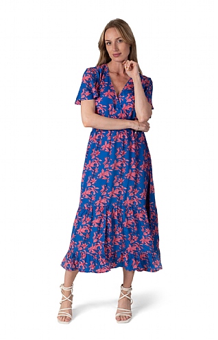 Jessica Graaf Ladies V-Neck Leaf Print Dress - Royal Blue, Royal Blue