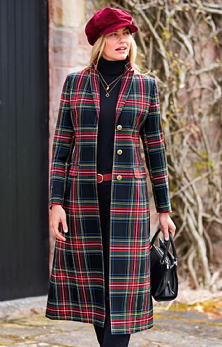 Ladies Single Breasted Full Length Tartan Coat Black House of Bruar