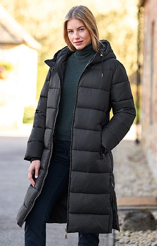 Ladies black long puffer coat best sale