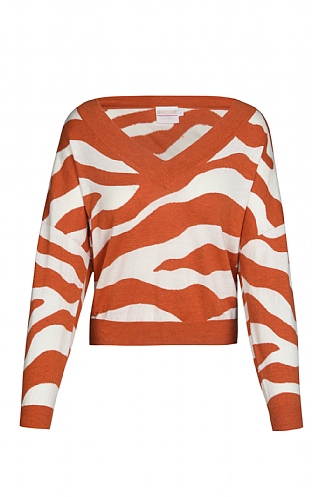 Brodie Cashmere Ladies Cotton and Silk Zebra V Neck, Ice Water/Copper