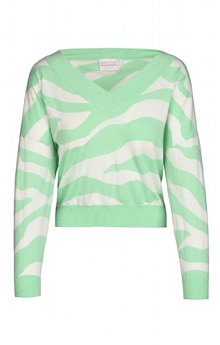 Brodie Cashmere Ladies Cotton and Silk Zebra V Neck, Ice Water/Fresh Mint