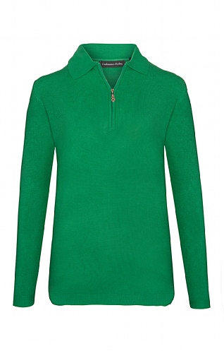 House Of Bruar Ladies Cashmere Feel Zip Polo - Green, Green