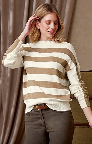 House of Bruar Ladies Cotton Wide Stripe Sweater, Off White/Natural