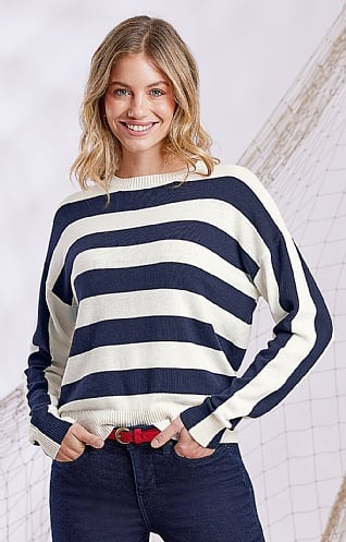 House of Bruar Ladies Cotton Wide Stripe Sweater, Off White/Navy